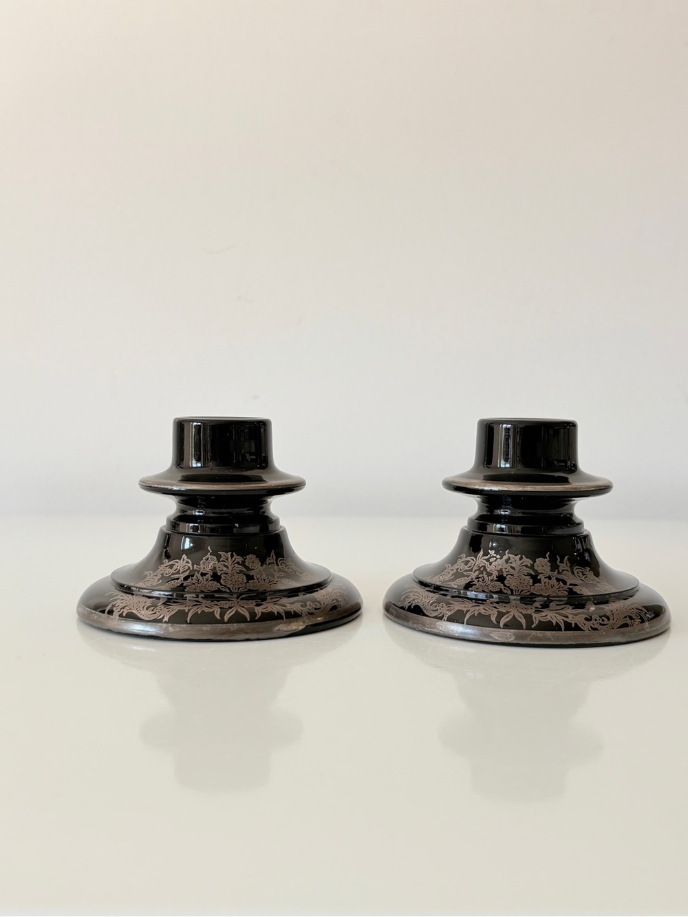 Pair Vintage Black Ebony Glass Taper Candle Holders Silver Filigree Art Deco